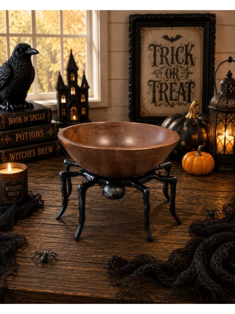 New Black Wood Halloween Tarantula Spider Metal Candy Dish Bowl Creepy Spooky